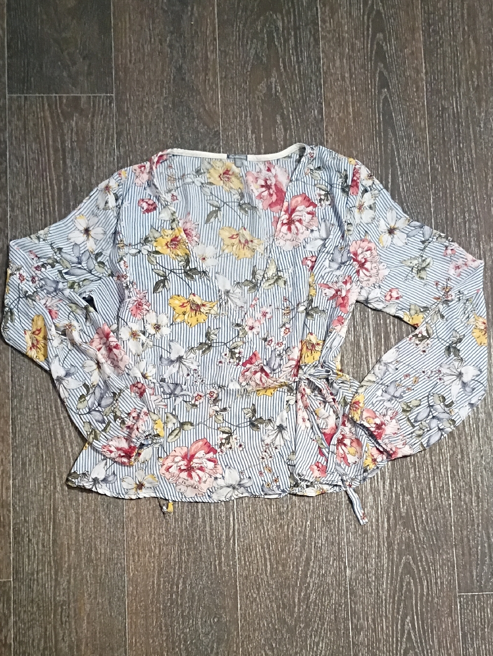 Charlotte Russe Blue & White Striped Floral Tie-Waist Blouse